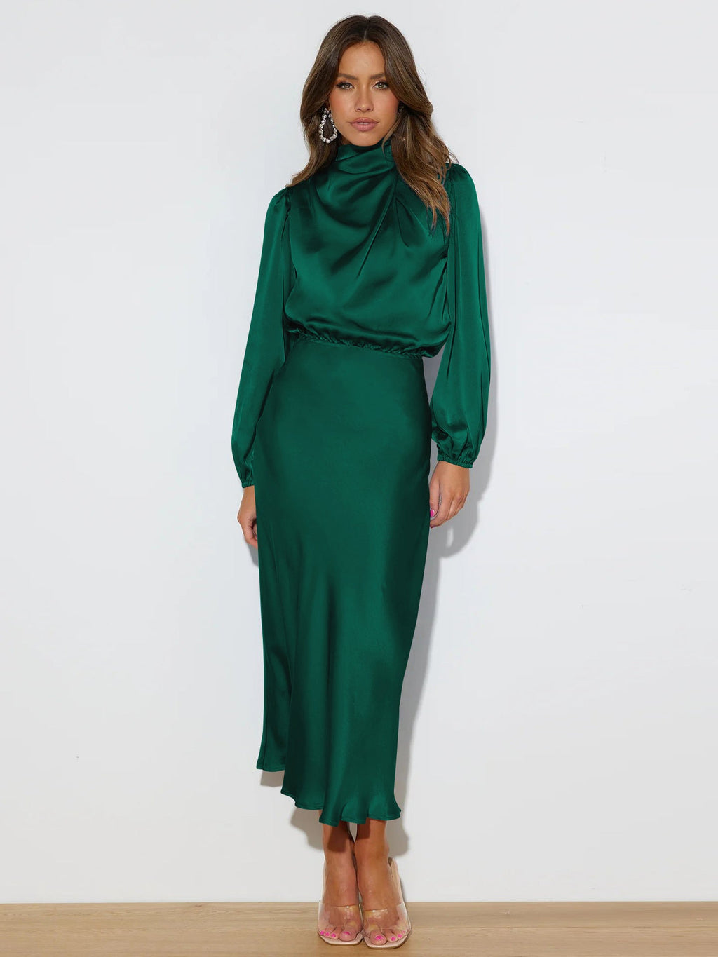 Elegantes Midi Kleid für Damen mit langärmeligen Schnitt und hohem Kragen - 11 - Annoboutique