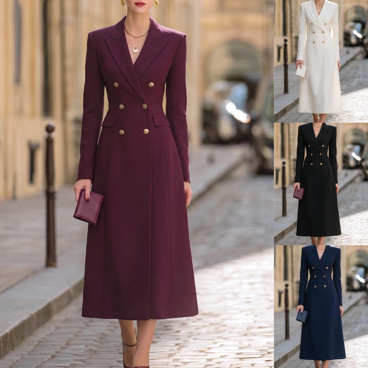 Elegantes Damenanzug-Kleid mit doppelter Knopfleiste und stilvollem Revers - 5 - Annoboutique