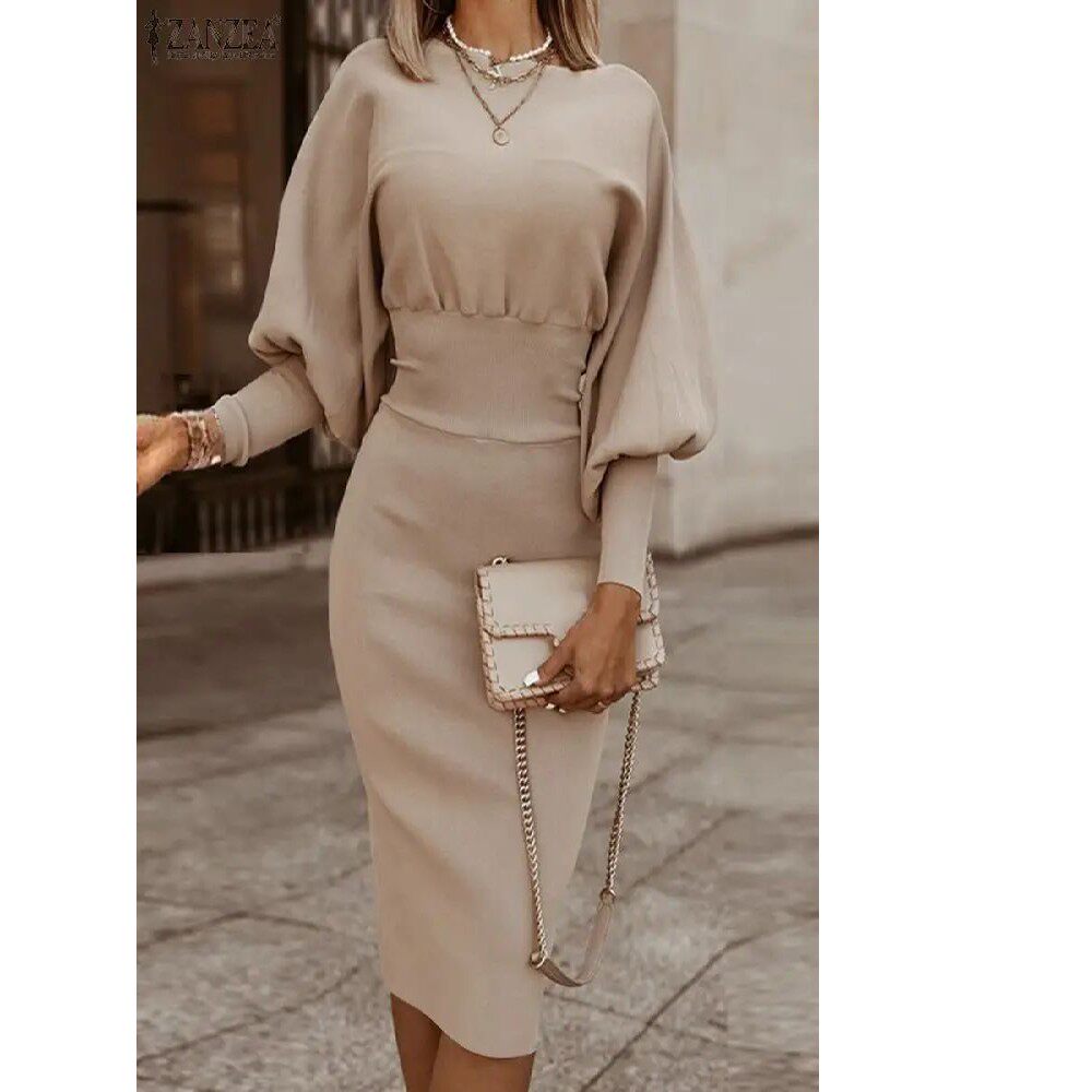 Figurbetontes Damen Midi Kleid mit Puffärmeln für jeden Anlass - 1 - Annoboutique