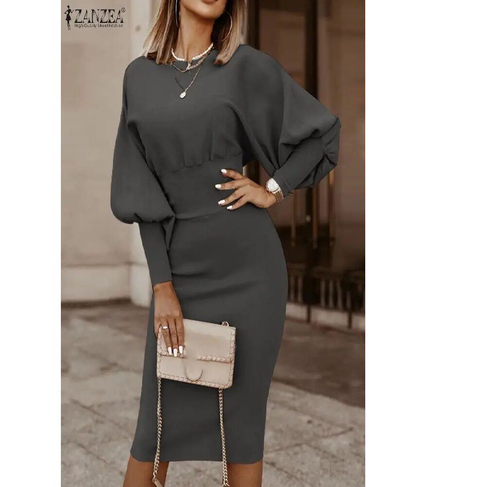 Figurbetontes Damen Midi Kleid mit Puffärmeln für jeden Anlass - 2 - Annoboutique
