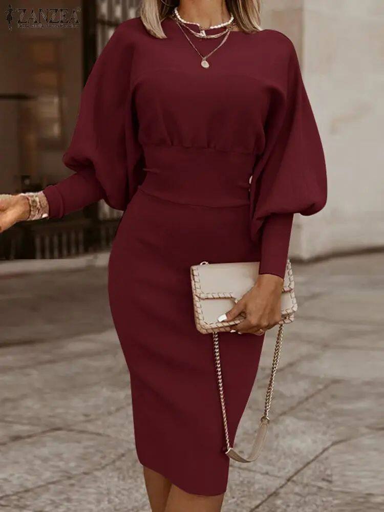 Figurbetontes Damen Midi Kleid mit Puffärmeln für jeden Anlass - 3 - Annoboutique