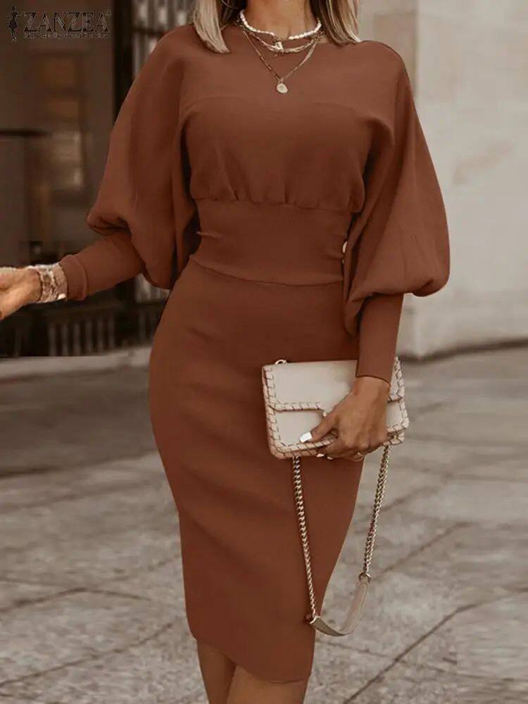 Figurbetontes Damen Midi Kleid mit Puffärmeln für jeden Anlass - 5 - Annoboutique