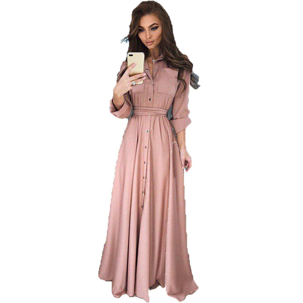 Damen Hemdblusenkleid mit langen Ärmeln und taillierendem Gürtel - 1 - Annoboutique