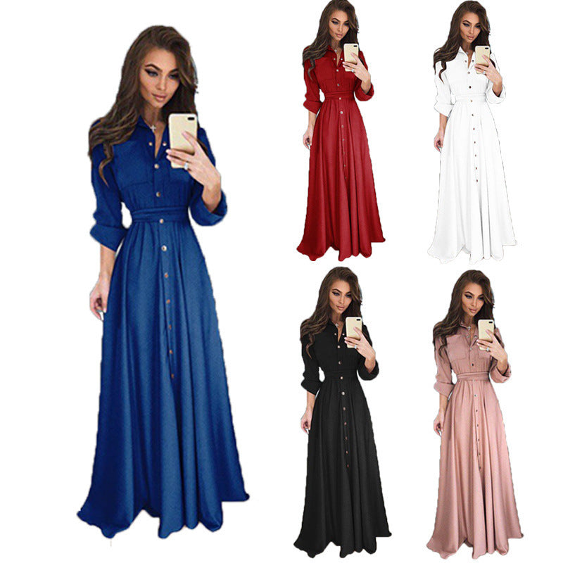 Damen Hemdblusenkleid mit langen Ärmeln und taillierendem Gürtel - 6 - Annoboutique