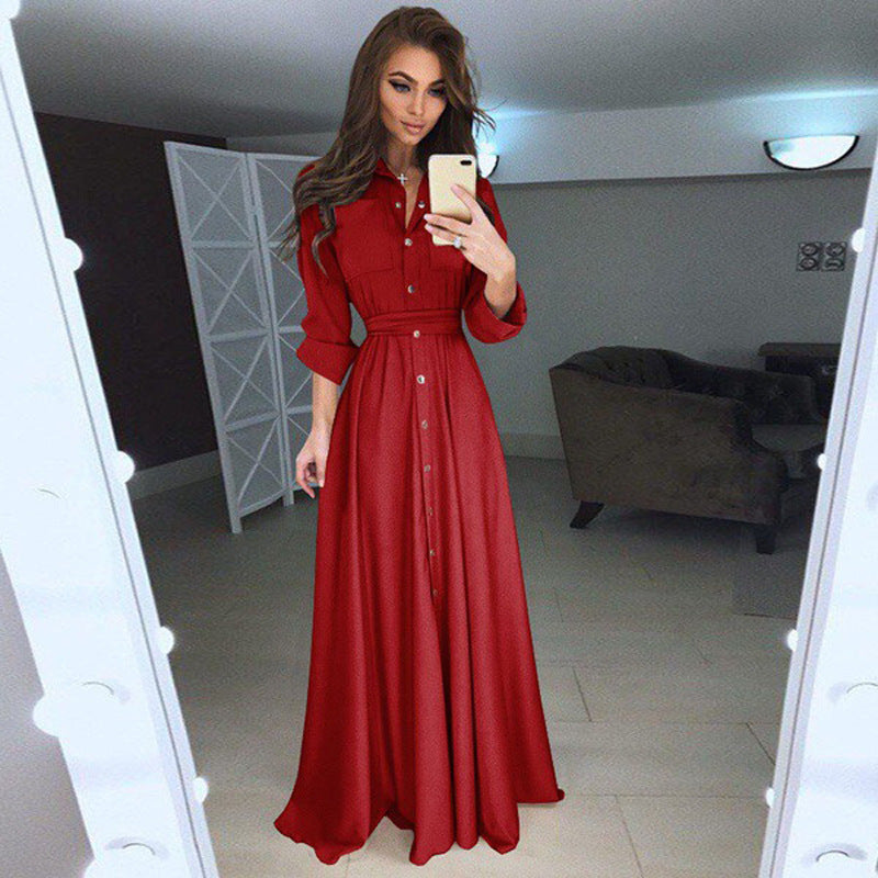 Damen Hemdblusenkleid mit langen Ärmeln und taillierendem Gürtel - 10 - Annoboutique