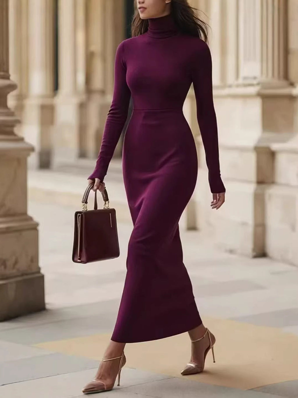 Elegantes Damenmaxikleid im Slim-Fit-Stil mit Rollkragen - 2 - Annoboutique