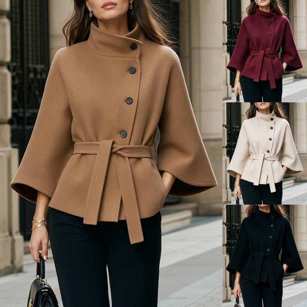Stilvoller Damenmantel mit modischen ausgestellten Ärmeln und schrägen Knopfdetails - 1 - Annoboutique