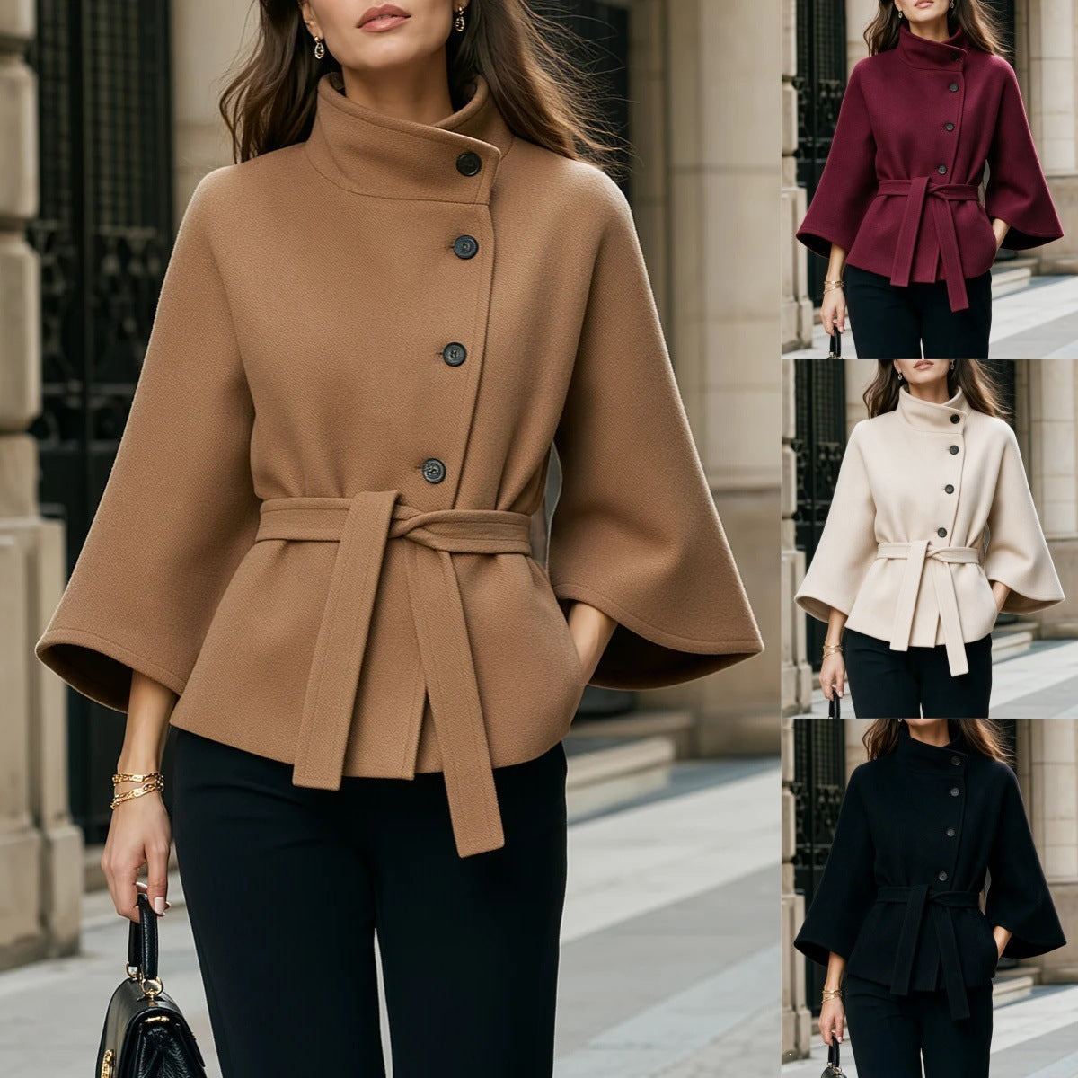 Stilvoller Damenmantel mit modischen ausgestellten Ärmeln und schrägen Knopfdetails - 1 - Annoboutique