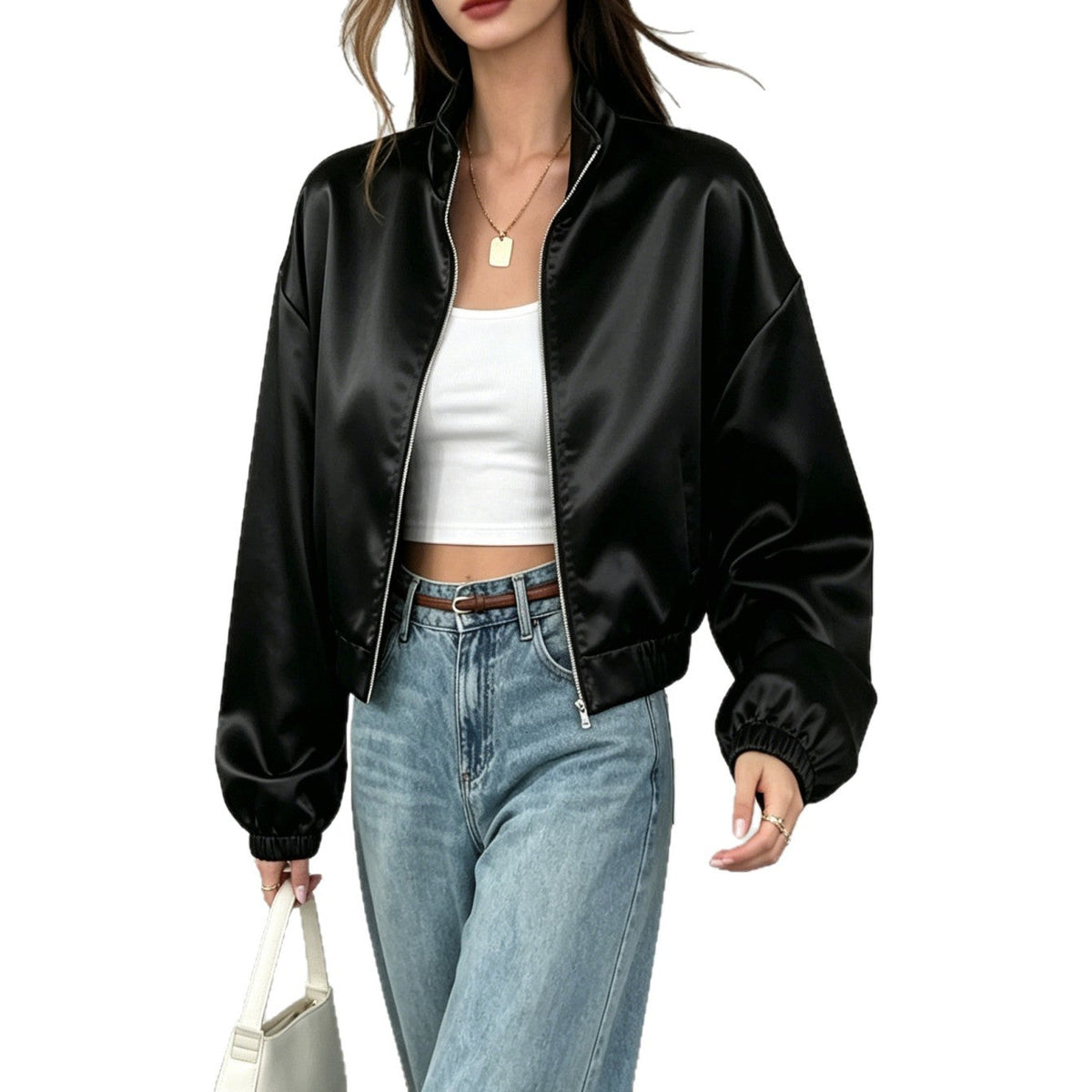 Damen-Bomberjacke mit glänzender Oberfläche, hohem Kragen und durchgehendem Zipper - 2 - Annoboutique