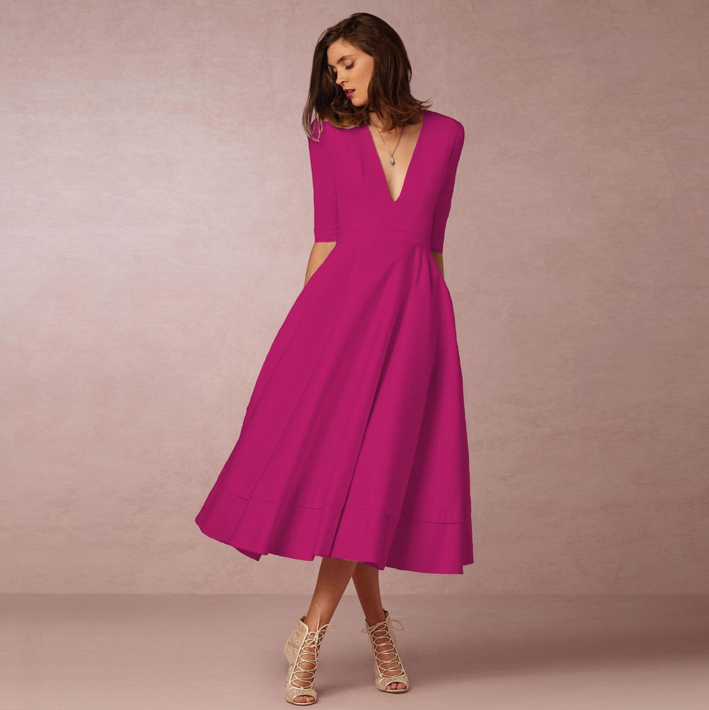 Hannah – Elegantes Midi Kleid Damen mit tiefem V-Ausschnitt