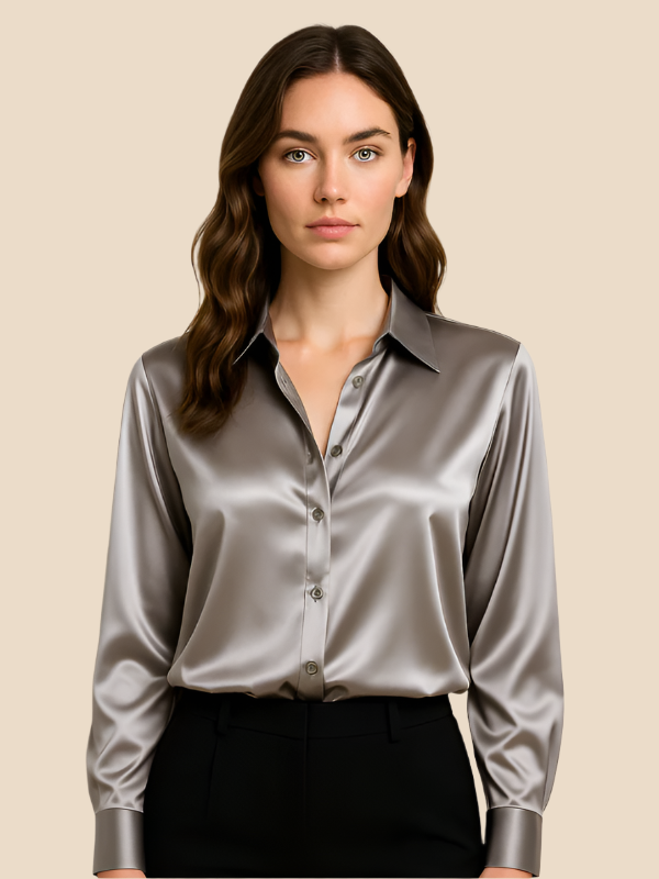 Adriana - Damenbluse aus Satin mit langen Ärmeln und Hemdkragen