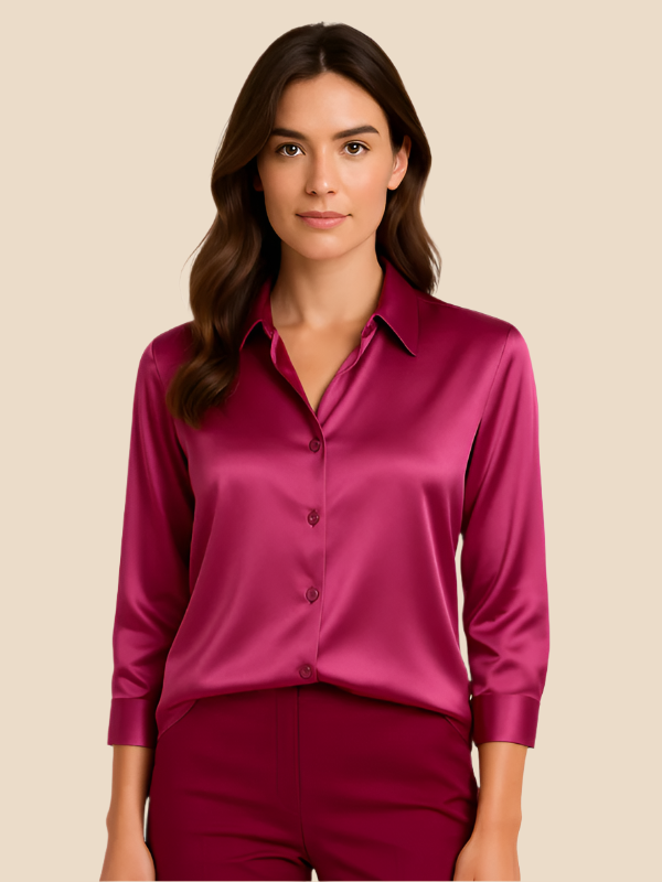 Adriana - Damenbluse aus Satin mit langen Ärmeln und Hemdkragen