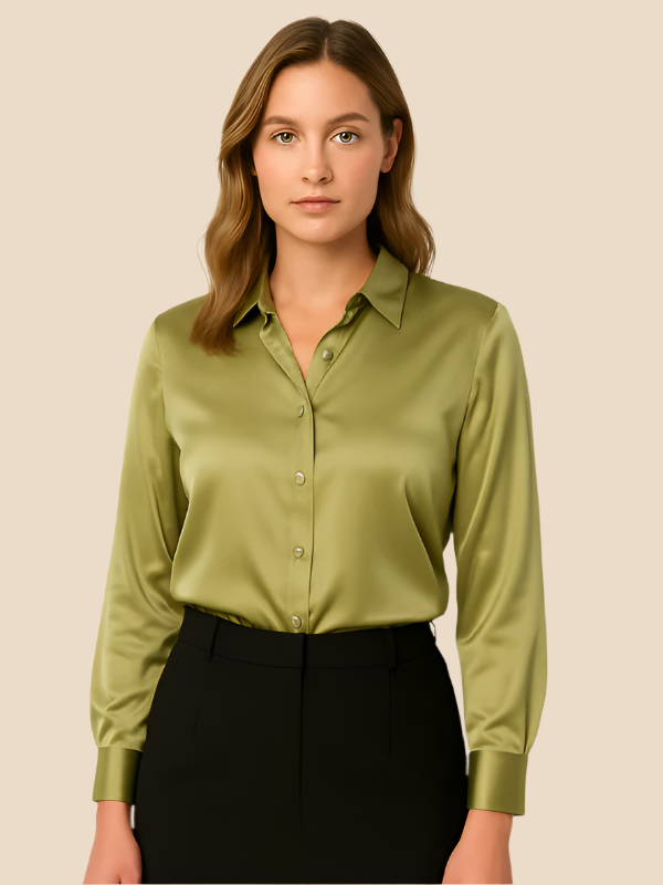 Adriana - Damenbluse aus Satin mit langen Ärmeln und Hemdkragen