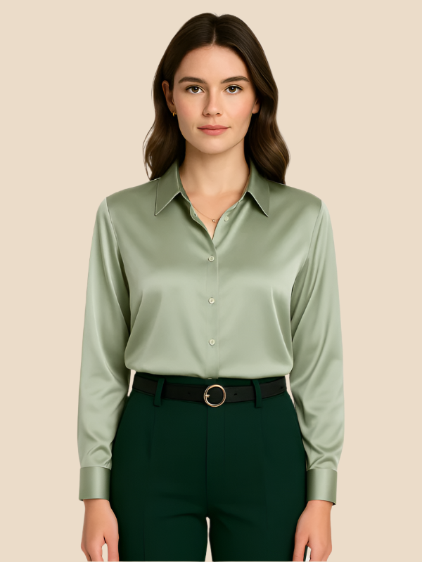 Adriana - Damenbluse aus Satin mit langen Ärmeln und Hemdkragen