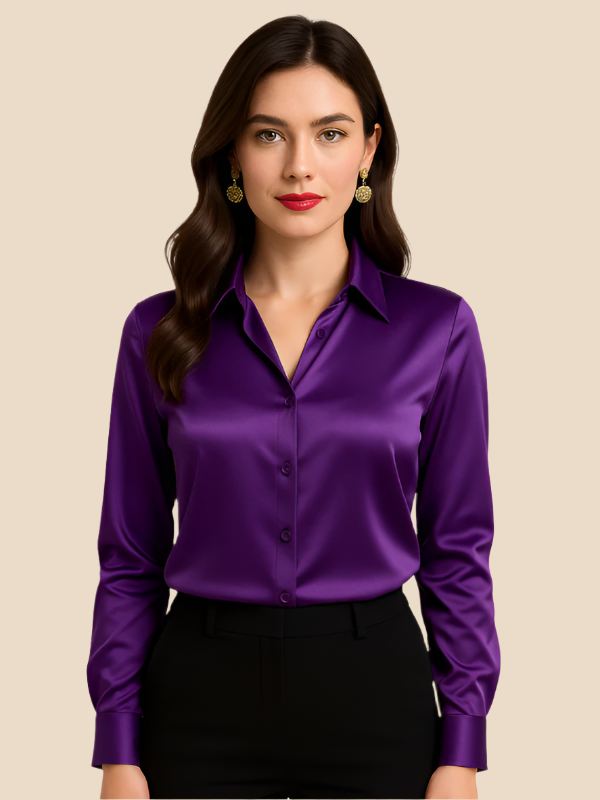 Adriana - Damenbluse aus Satin mit langen Ärmeln und Hemdkragen