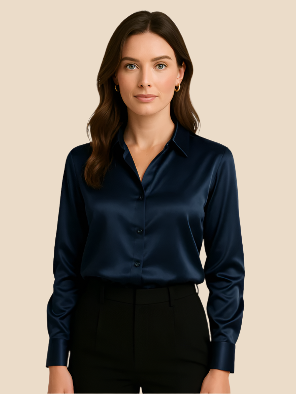 Adriana - Damenbluse aus Satin mit langen Ärmeln und Hemdkragen