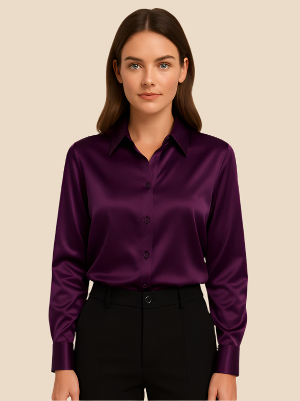 Adriana - Damenbluse aus Satin mit langen Ärmeln und Hemdkragen