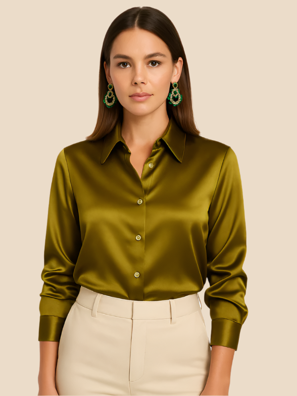 Adriana - Damenbluse aus Satin mit langen Ärmeln und Hemdkragen