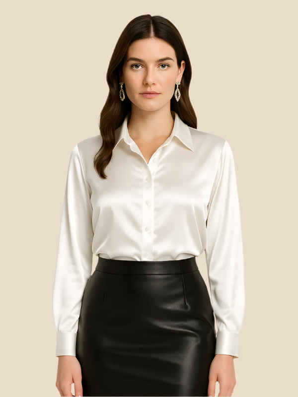 Adriana - Damenbluse aus Satin mit langen Ärmeln und Hemdkragen