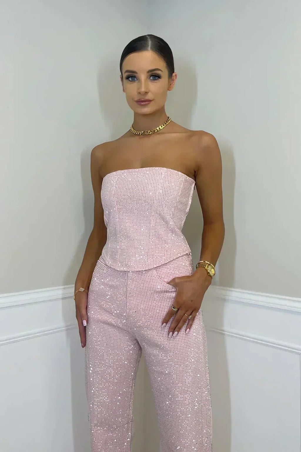 Isabelle - Damen Jumpsuit trägerlos elegant mit Glitzer