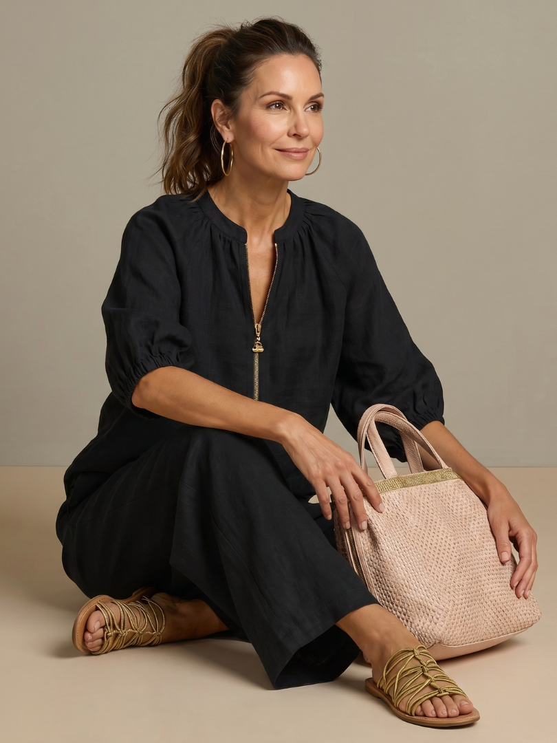 Damen Set bestehend aus Oberteil mit Puffärmeln und weitgeschnittener Hose - J&B - 19 - Annoboutique