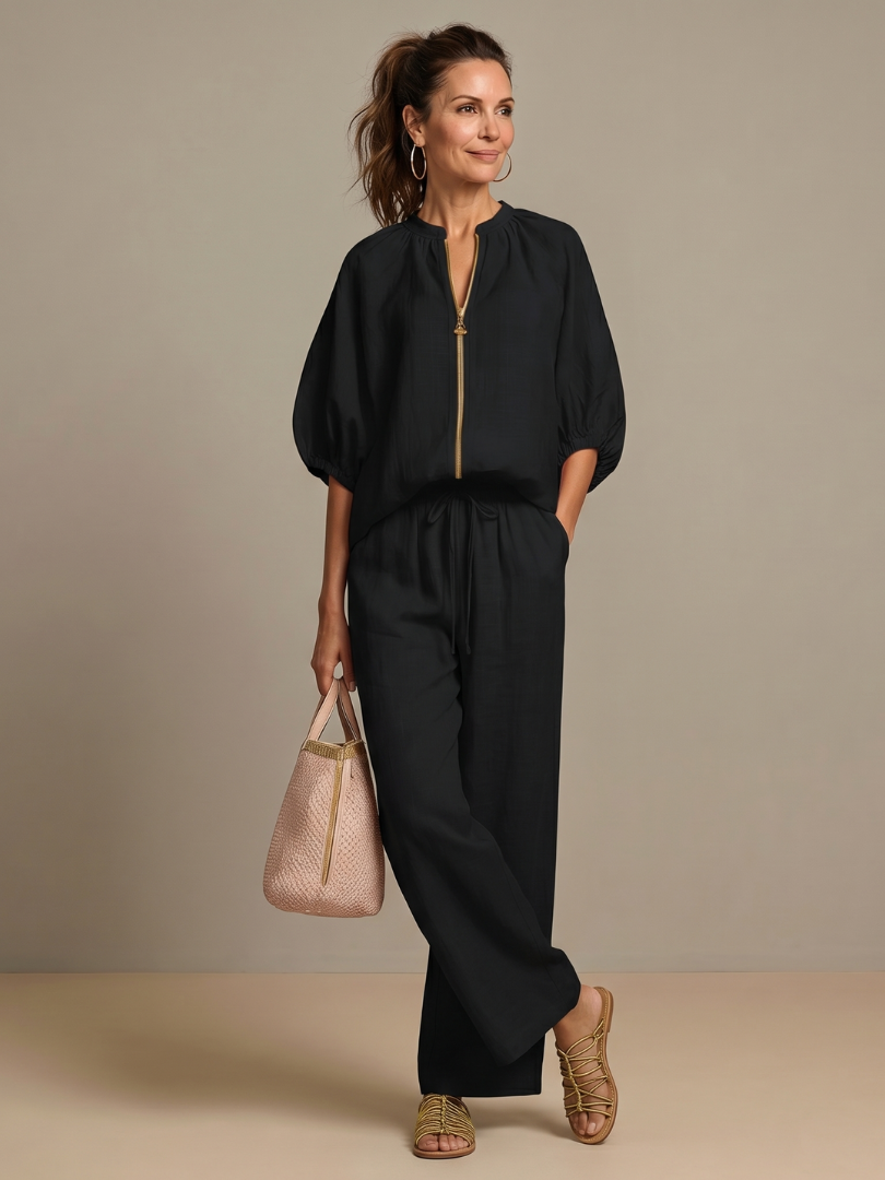 Damen Set bestehend aus Oberteil mit Puffärmeln und weitgeschnittener Hose - J&B - 18 - Annoboutique