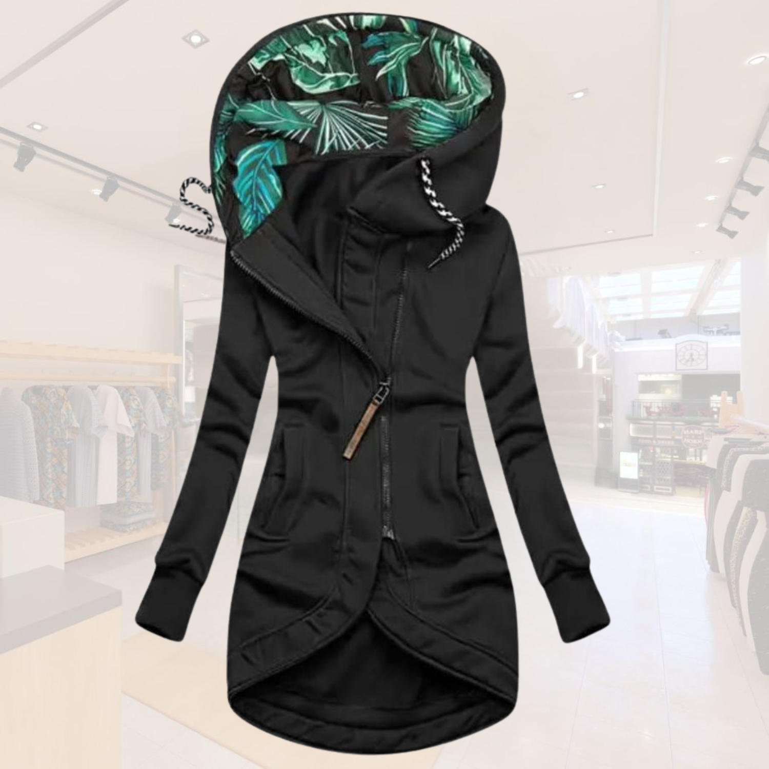 Lucía – Stylische Damen Longjacke mit besonderem Kapuzendesign