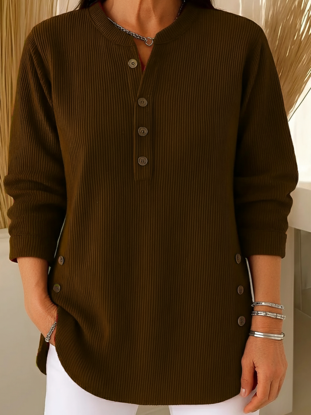 Agnieszka – Geripptes Longsleeve-Henley im gemütlichen Casual-Look für Damen