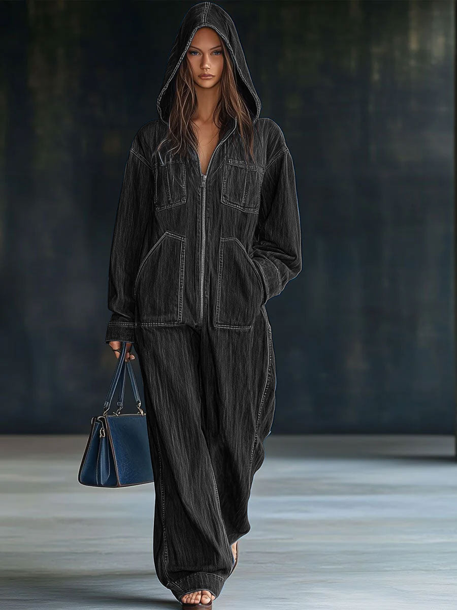 Maja – Lockerer Denim-Hoodie-Jumpsuit für Damen