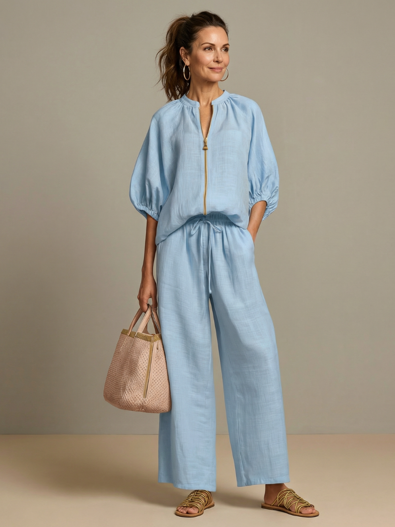Damen Set bestehend aus Oberteil mit Puffärmeln und weitgeschnittener Hose - J&B - 1 - Annoboutique