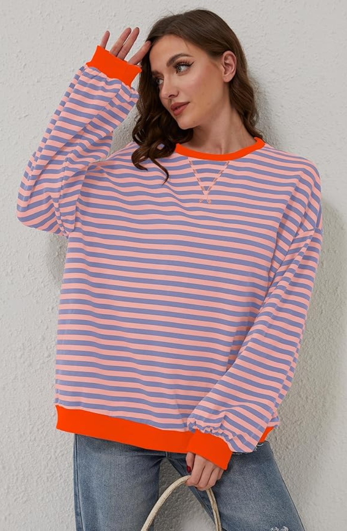 Mila – Damen Strickpullover gestreift Oversize Rundhals