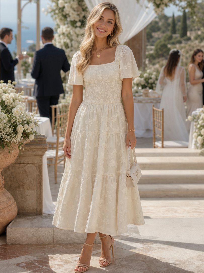 Elegantes Midi-Kleid für Damen mit floralem Muster und Puffärmeln - J&B - 1 - Annoboutique