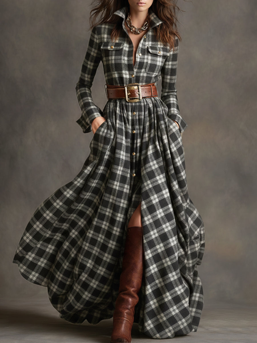 Helena – Kariertes Maxikleid mit Knopfleiste
