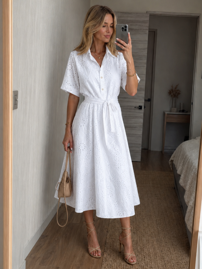Damen Hemdkleid mit floralem Lochmuster und tailliertem Gürtel - J&B - 1 - Annoboutique