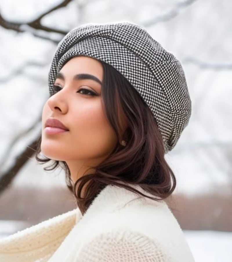 Isabela – Elegante Winter-Baskenmütze im Hahnentrittmuster für Damen