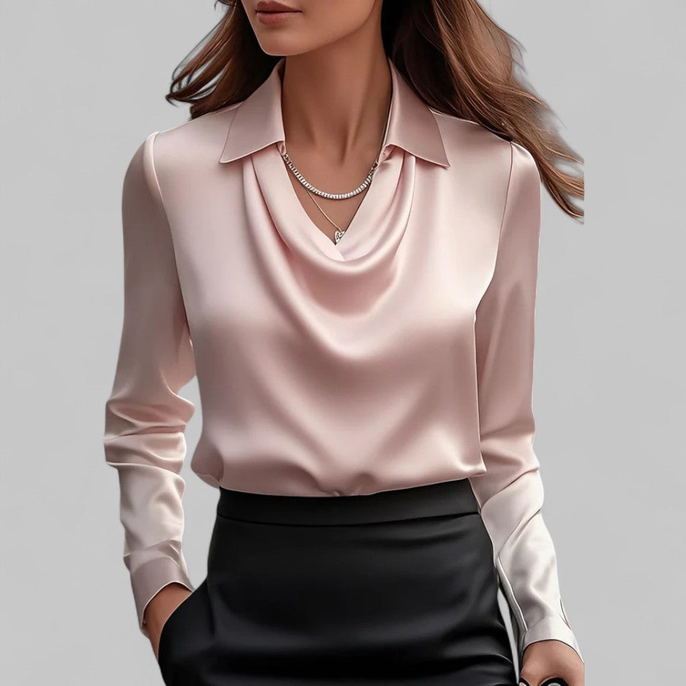 Sophie – Damen Langarm Satinbluse mit Wasserfallausschnitt