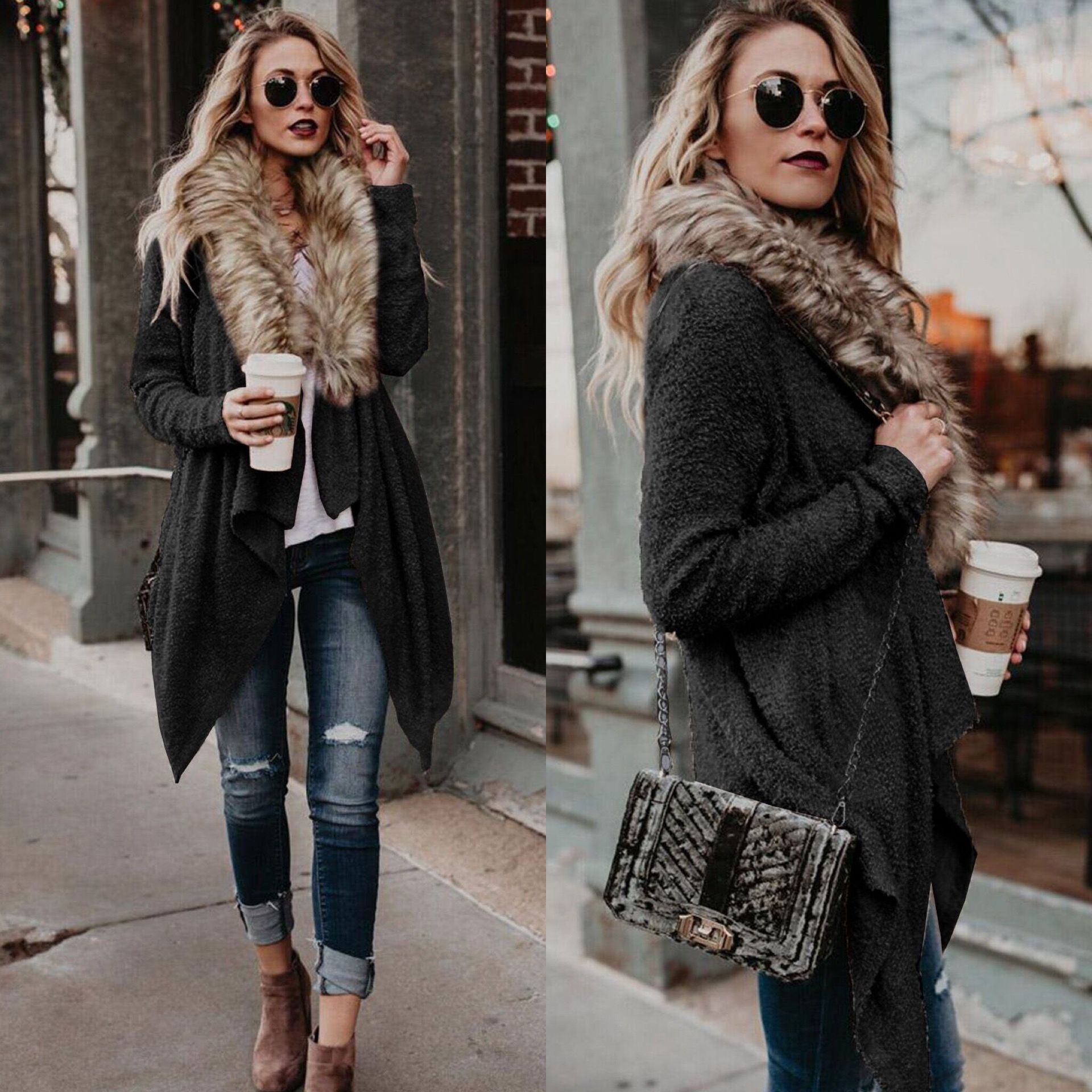 Elise – Damen Teddyjacke mit Kunstpelzkragen