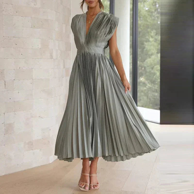 Helena – Plissiertes Damen-Midikleid mit V-Ausschnitt
