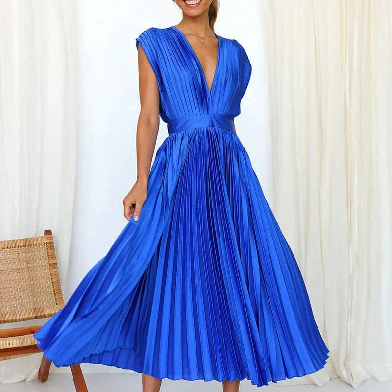 Helena – Plissiertes Damen-Midikleid mit V-Ausschnitt