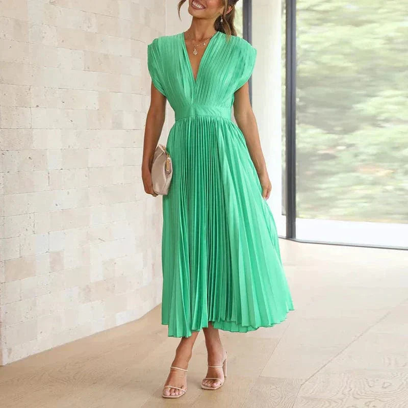 Helena – Plissiertes Damen-Midikleid mit V-Ausschnitt