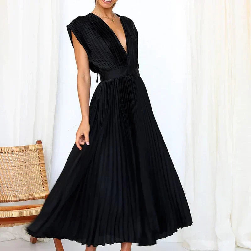 Helena – Plissiertes Damen-Midikleid mit V-Ausschnitt