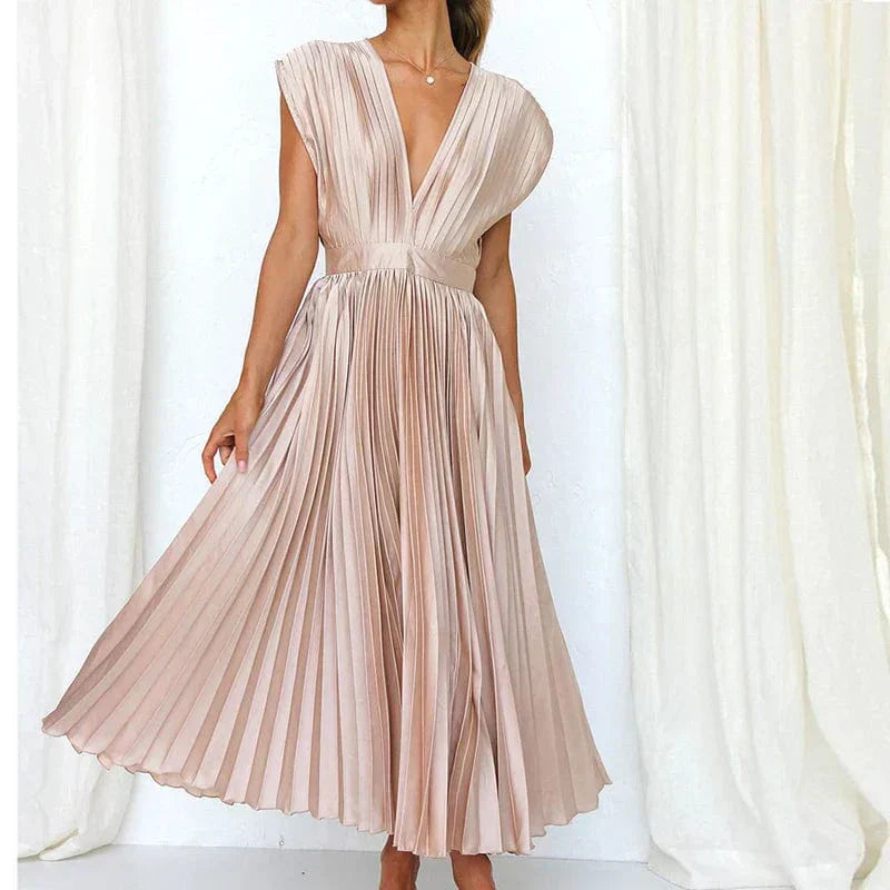 Helena – Plissiertes Damen-Midikleid mit V-Ausschnitt