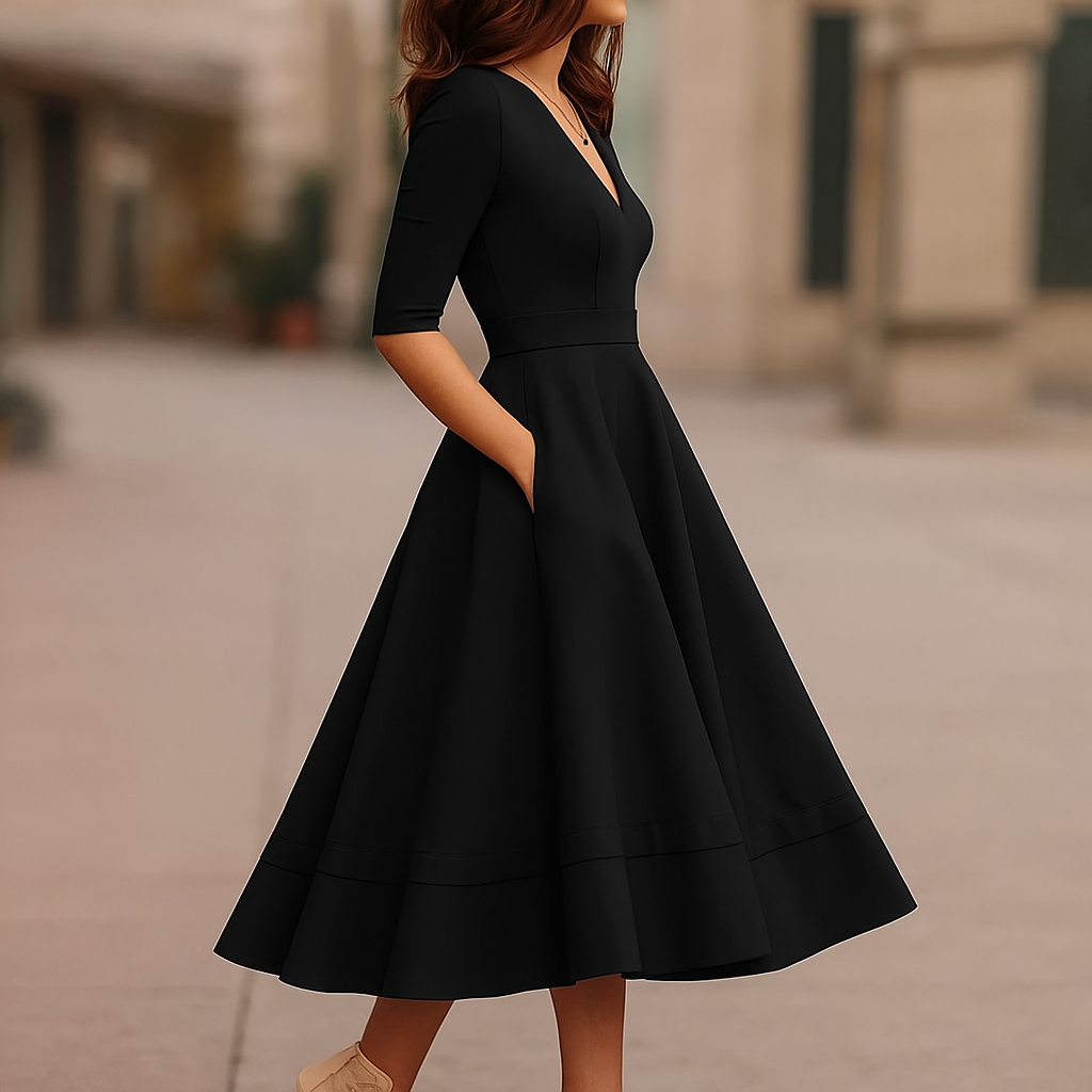 Elena – Feminines Fließendes Damen Midikleid mit V-Ausschnitt