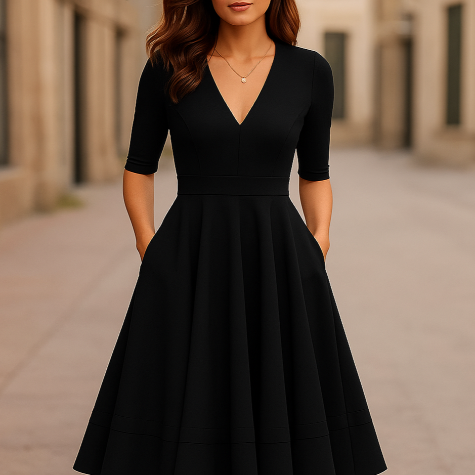 Elena – Feminines Fließendes Damen Midikleid mit V-Ausschnitt