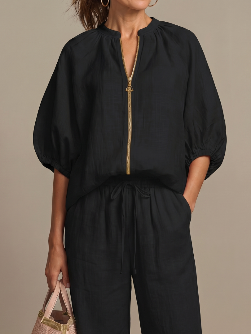 Damen Set bestehend aus Oberteil mit Puffärmeln und weitgeschnittener Hose - J&B - 21 - Annoboutique