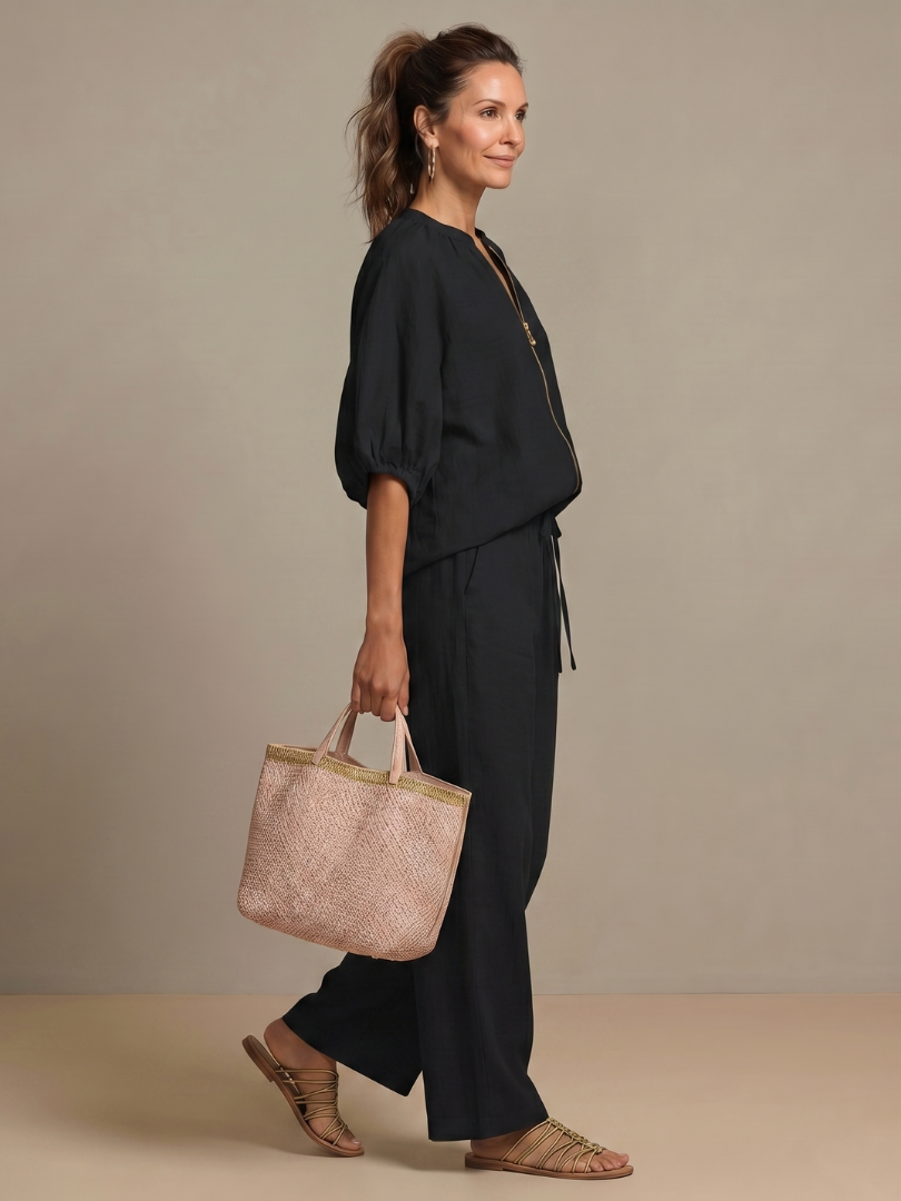 Damen Set bestehend aus Oberteil mit Puffärmeln und weitgeschnittener Hose - J&B - 20 - Annoboutique