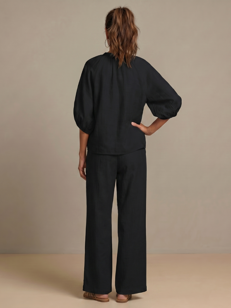 Damen Set bestehend aus Oberteil mit Puffärmeln und weitgeschnittener Hose - J&B - 22 - Annoboutique