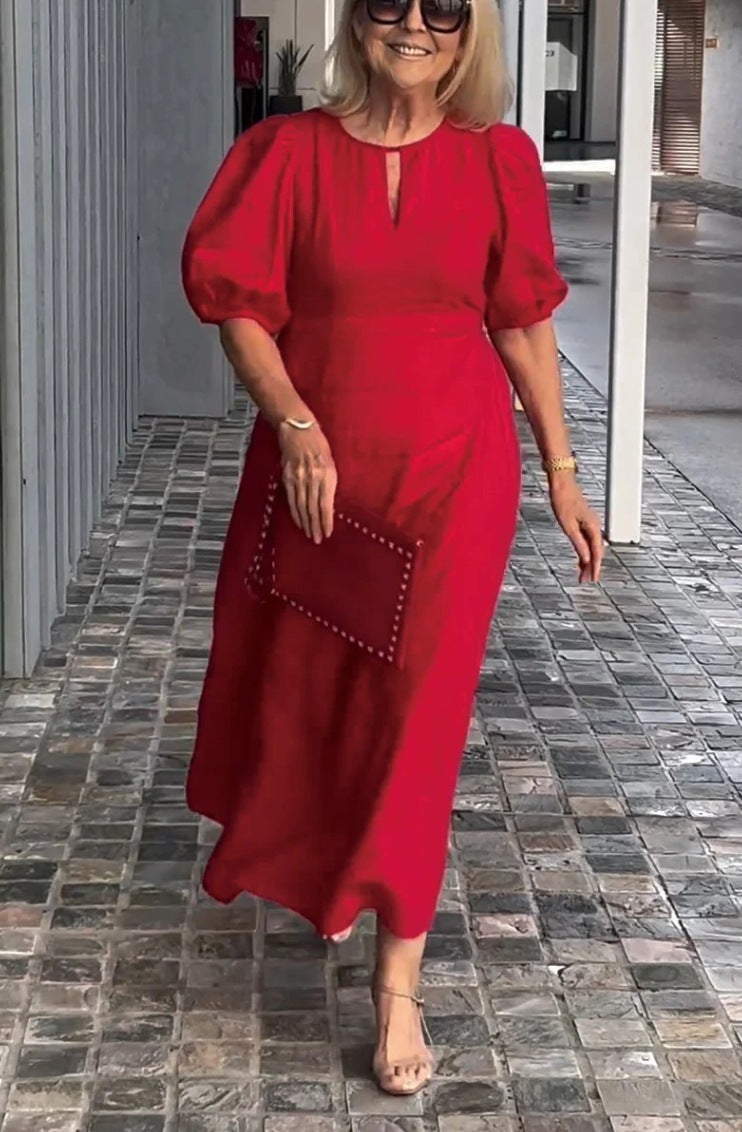Clara – Lockeres Maxikleid mit Puffärmeln und Rundhalsausschnitt