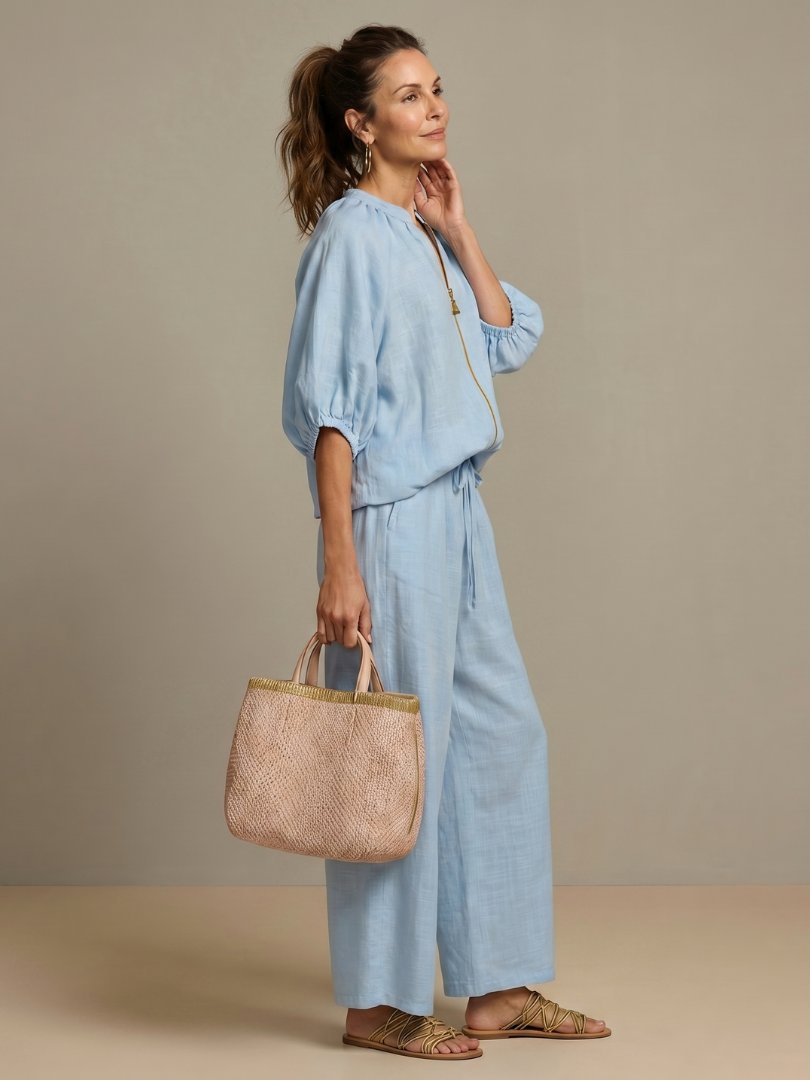 Damen Set bestehend aus Oberteil mit Puffärmeln und weitgeschnittener Hose - J&B - 2 - Annoboutique