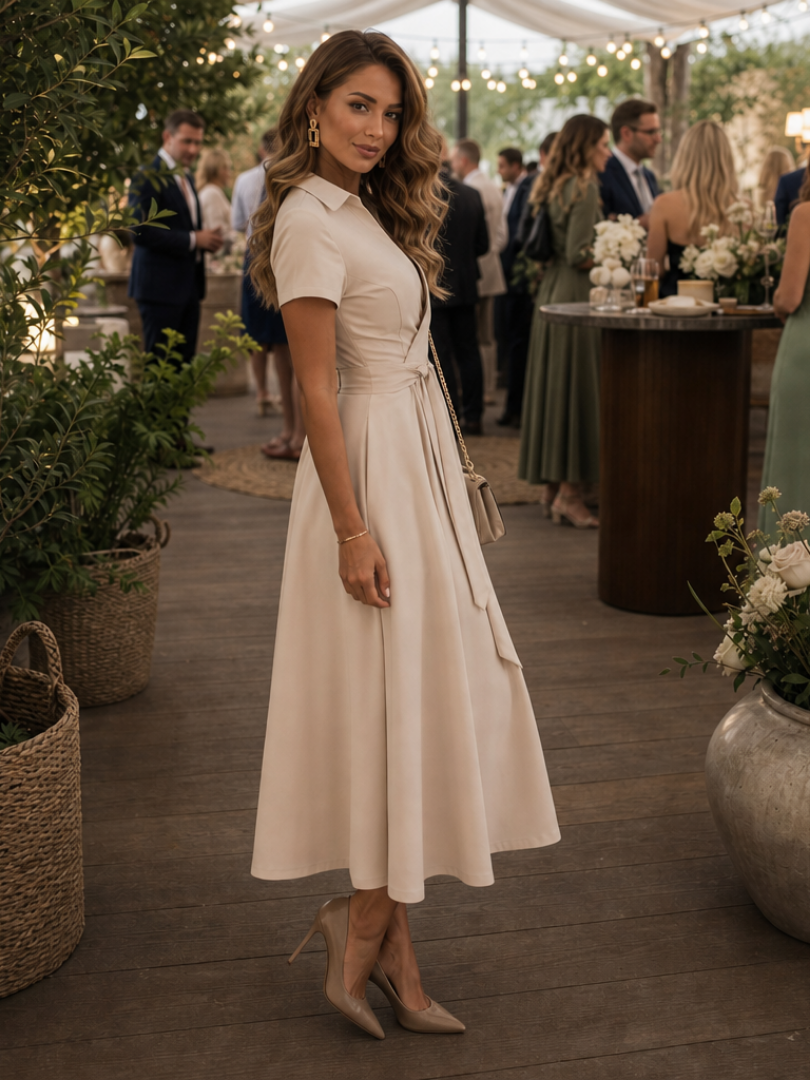 Elegantes Midi-Wickelkleid für Damen mit Kurzärmeln und taillierendem Gürtel - J&B - 2 - Annoboutique